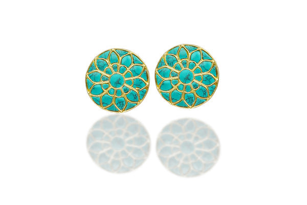 925 Silver Gold Plated Turquoise Flower Studs