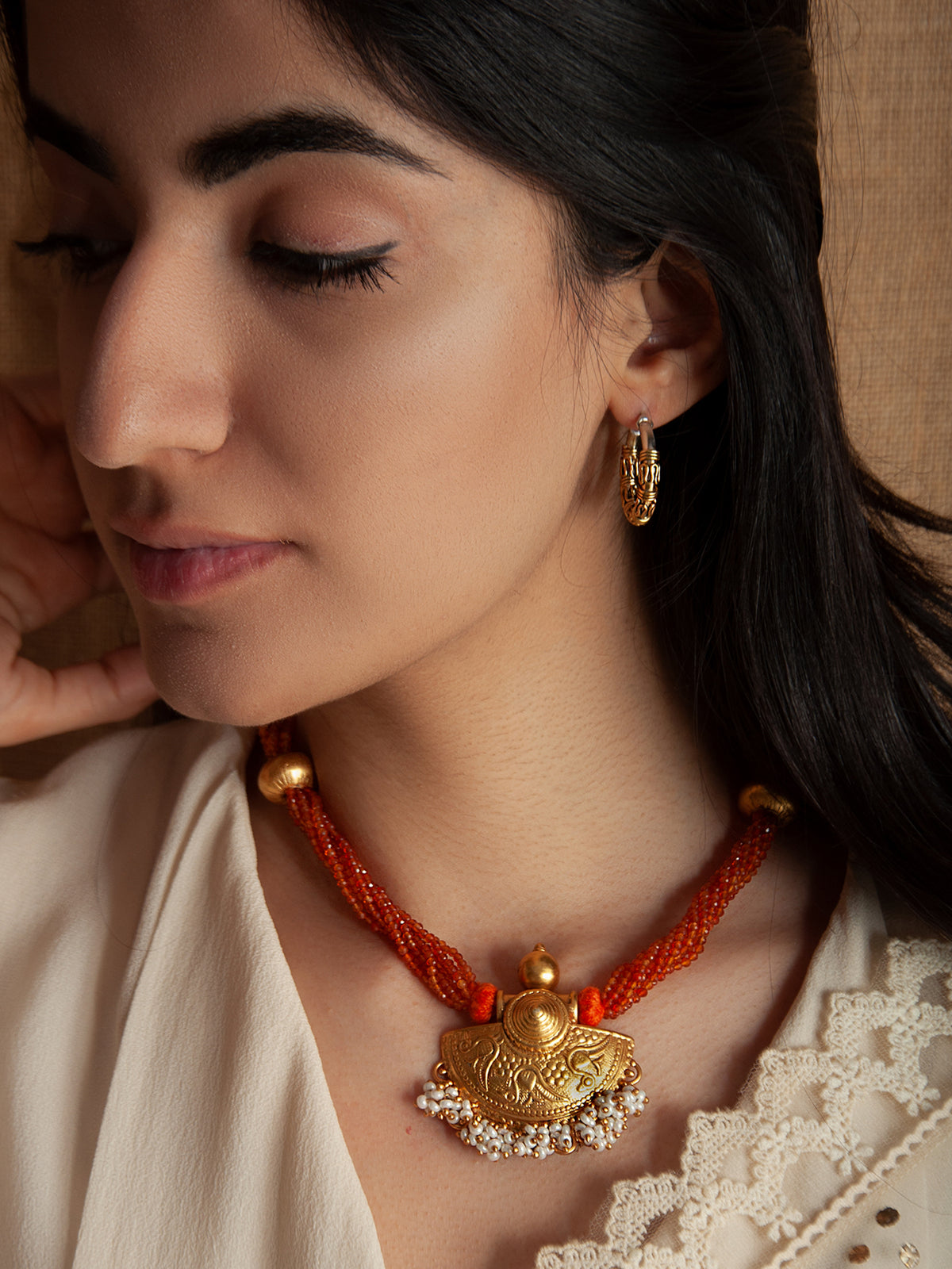 925 Sterling Silver 22K Gold Plated Necklace With Carnelian Beads and Pearl view 2