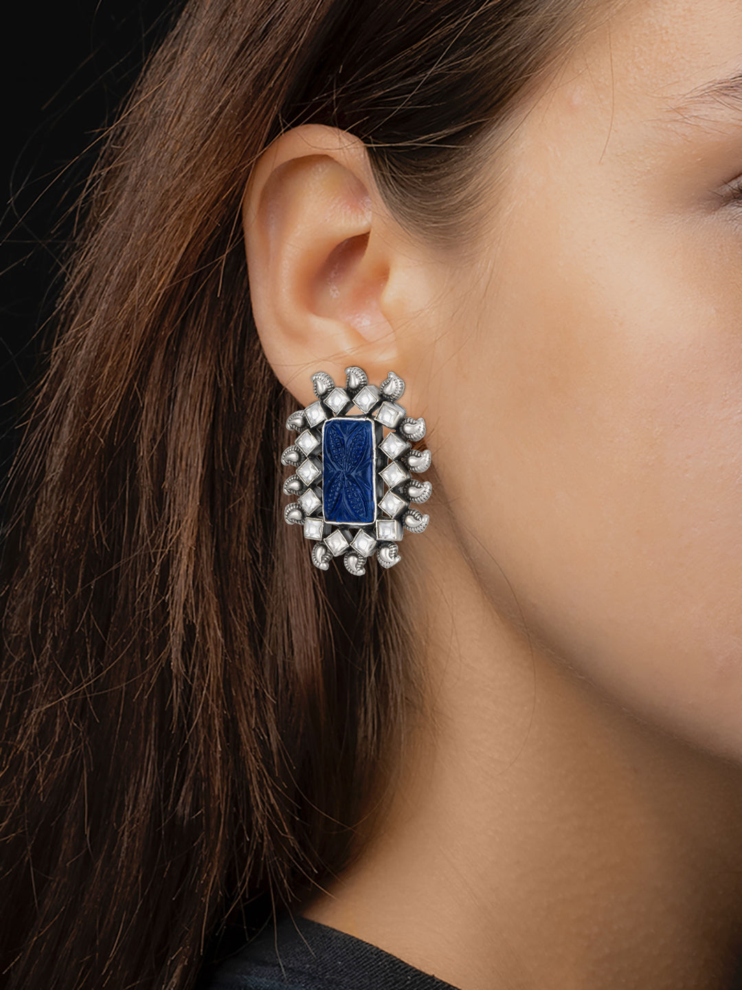 Big Kundan Studs with Blue Carved Stone and Kundan view 2