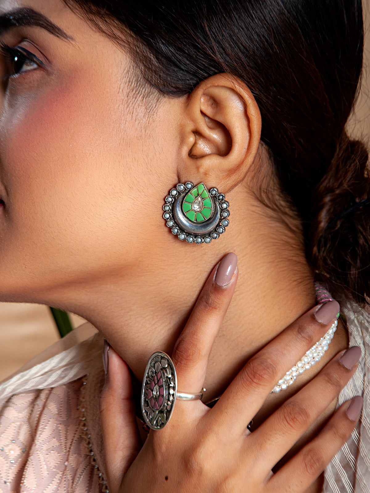 Silver Green White Kundan Studs view 2