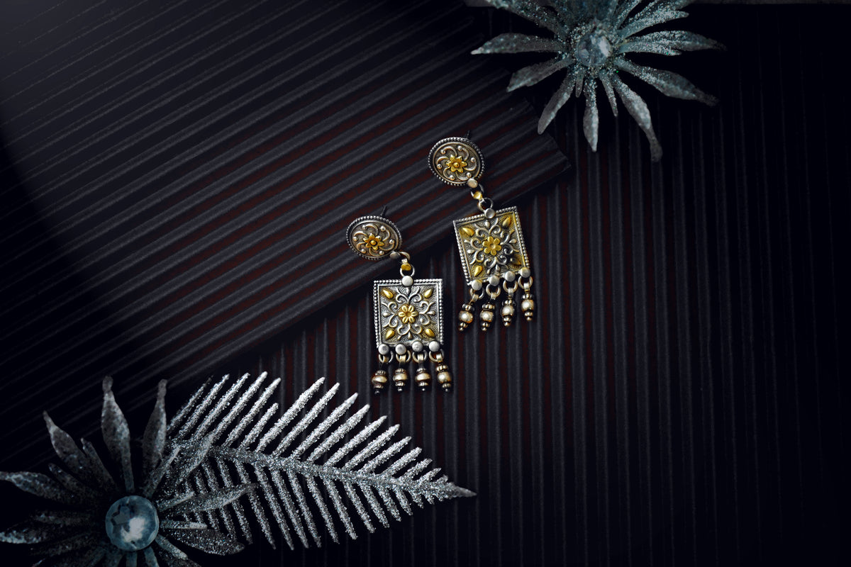 Silver Two-Toned Chitai Tribal Earrings view 3