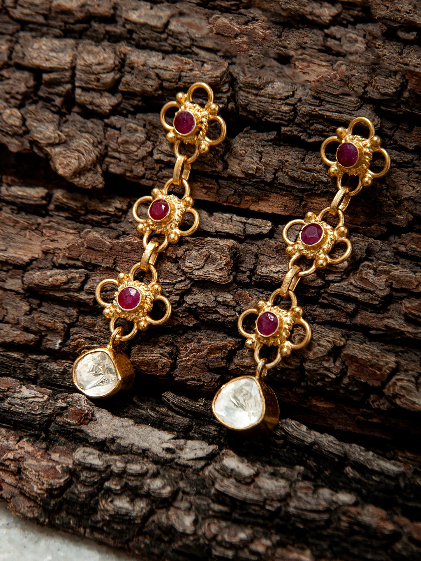 925 Sterling Silver Gold Plated Designer Earring with Moissanite and Ruby