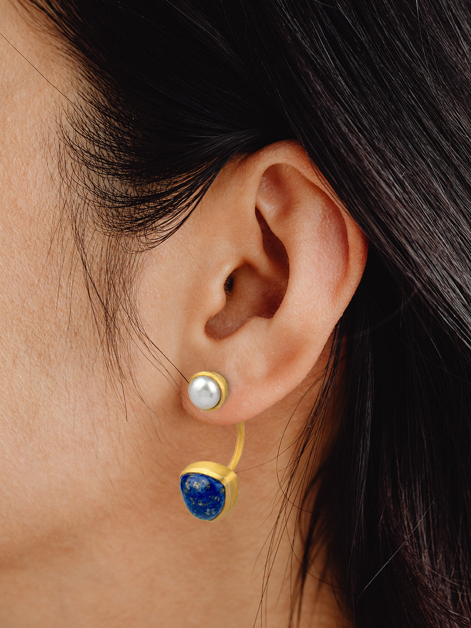 Blue Lapis and Pearl Gold Plated Modern Studs