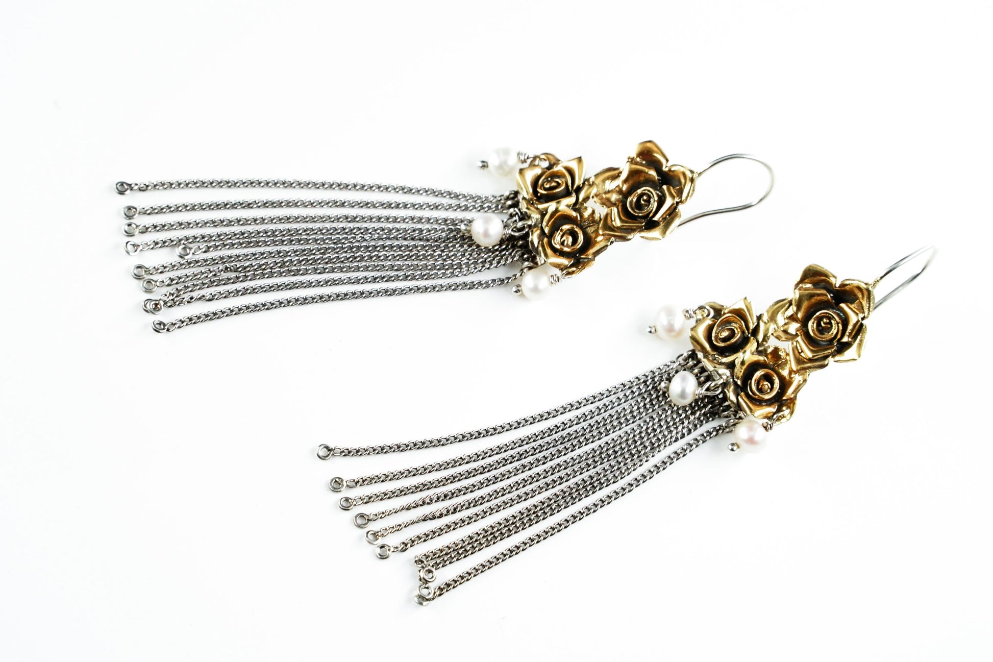 Floral Two-Toned Long Earrings with Pearl - Neeta Boochra Jewellery