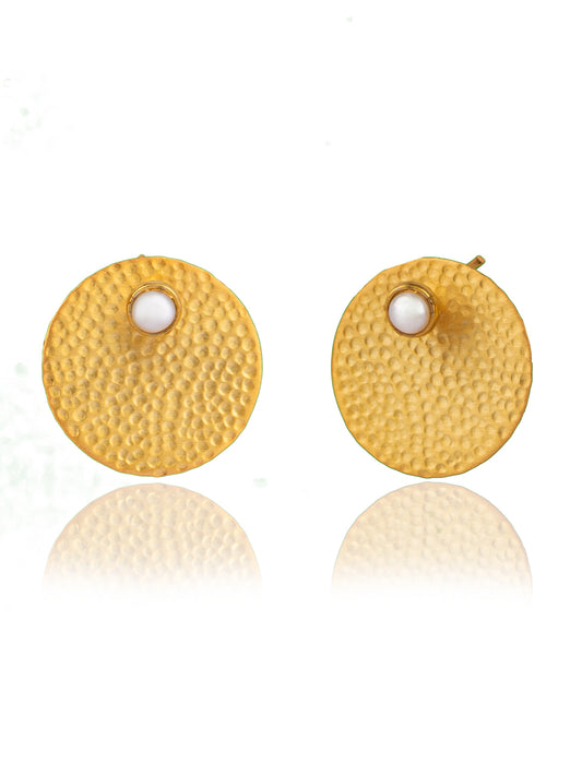 Textured Circular Pearl Gold Plated Studs