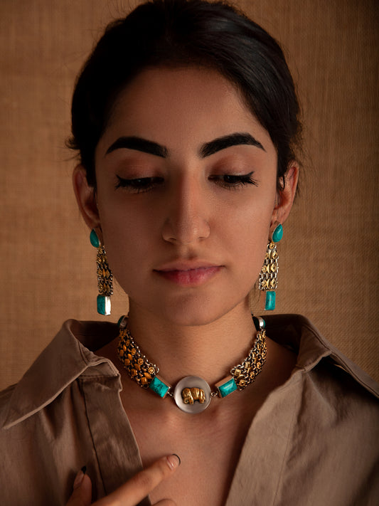 925 Sterling Silver Two Tone 22K Gold Plated Elephant Design Necklace With Turquoise Gemstone