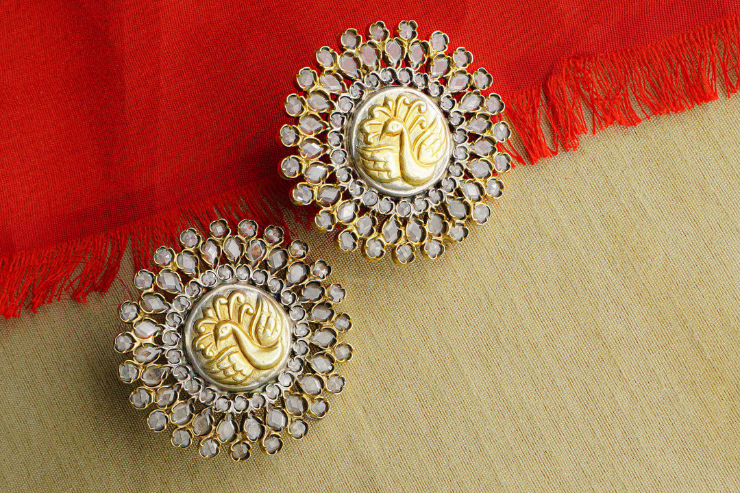 925 Silver Gold Plated Peacock Earrings with Checker Stones - Neeta Boochra Jewellery