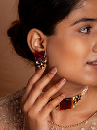 Svarnam Moissanite Red Carved Stone Studs view 4