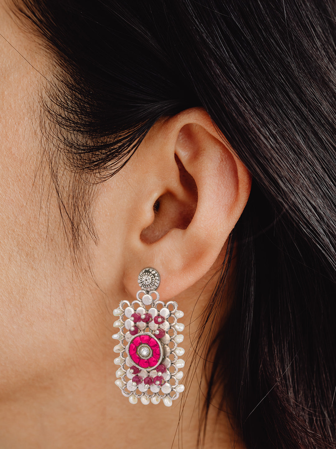 925 Sterling Silver Ruby and Pearl Studs view 2