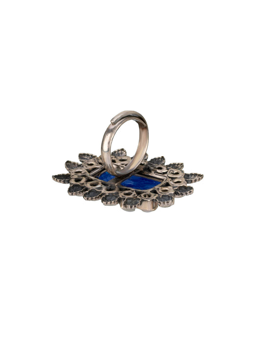 Blue Carved Stone Adjustable Ring with Pearl