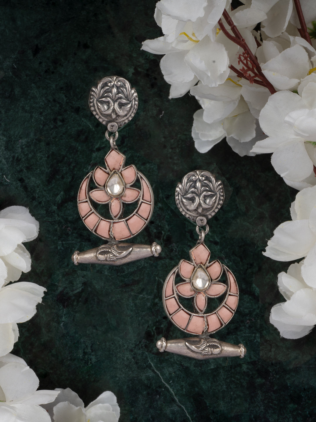 925 Sterling Silver Dholki Earrings with our Signature Kundan Chaand Motif view 3