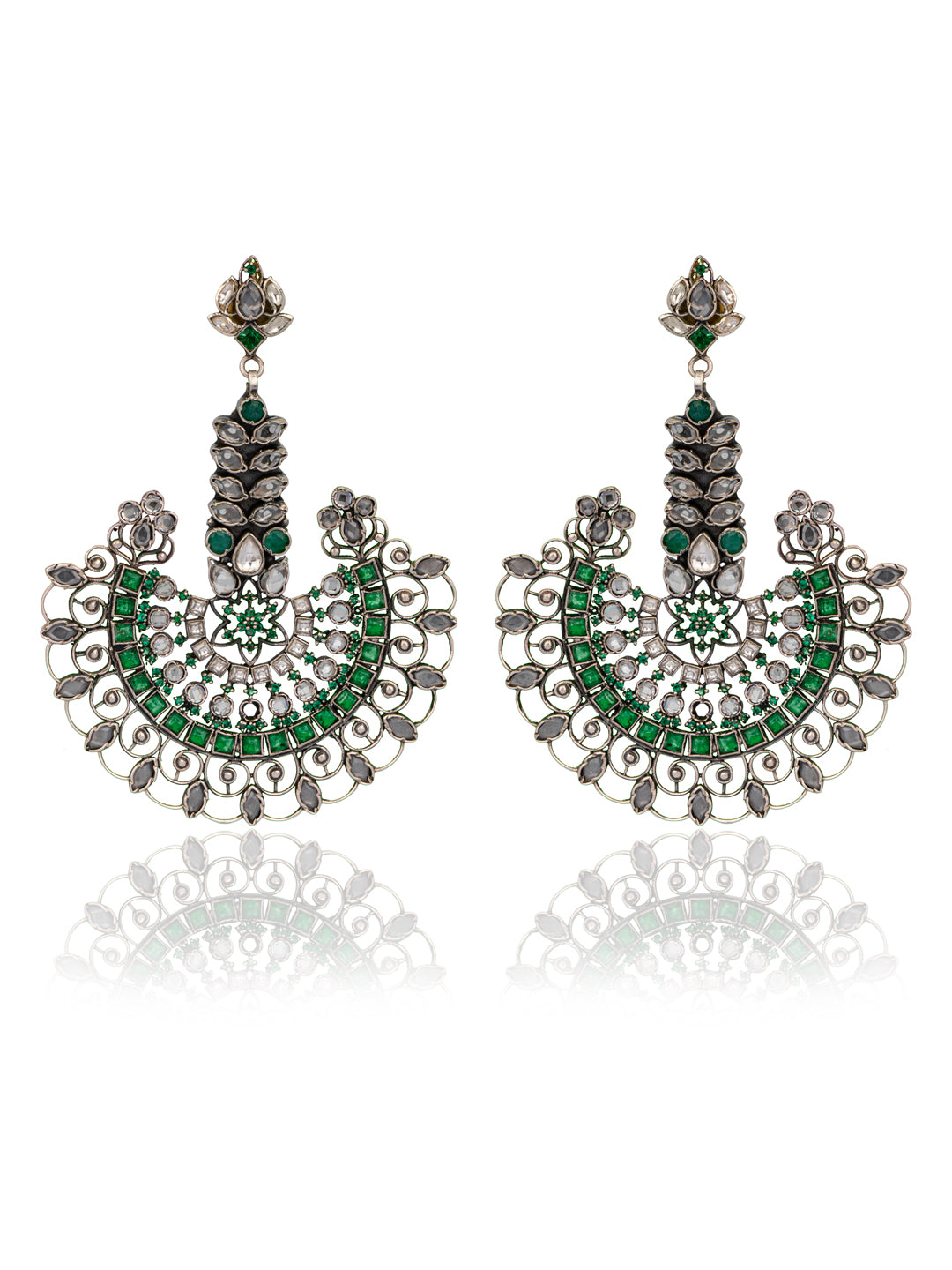 925 Sterling Silver Green and White Kundan Statement Earringss view 1