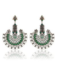 925 Sterling Silver Green and White Kundan Statement Earringss view 1