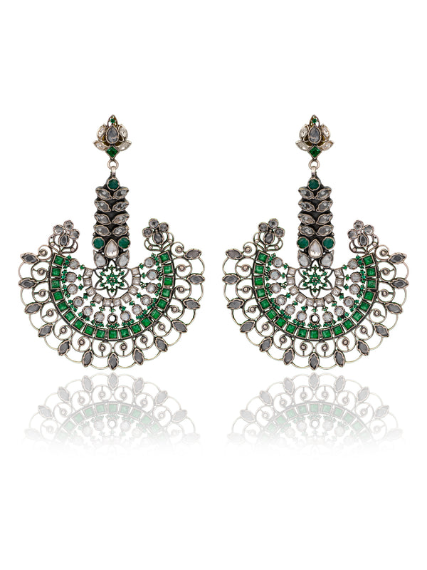 925 Sterling Silver Green and White Kundan Statement Earringss