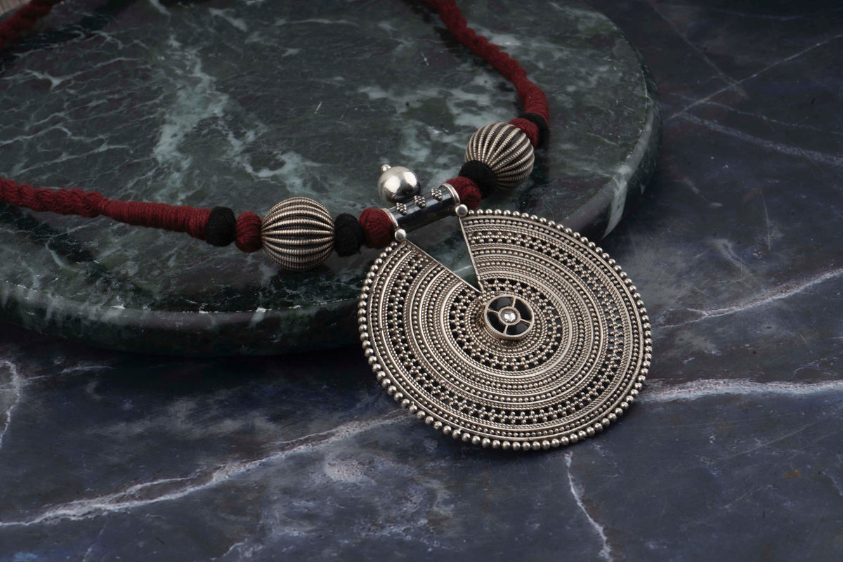 925 Sterling Silver Necklace with Maroon Adjustable Patwa Thread view 1