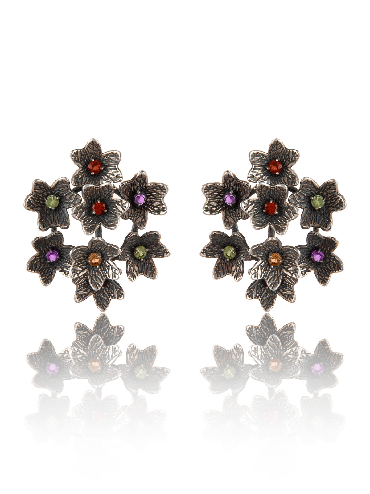 925 Sterling Silver 8-flower Fancy earring with Natural Gemstones - Peridot, Amethyst, Garnet and Citrine view 3