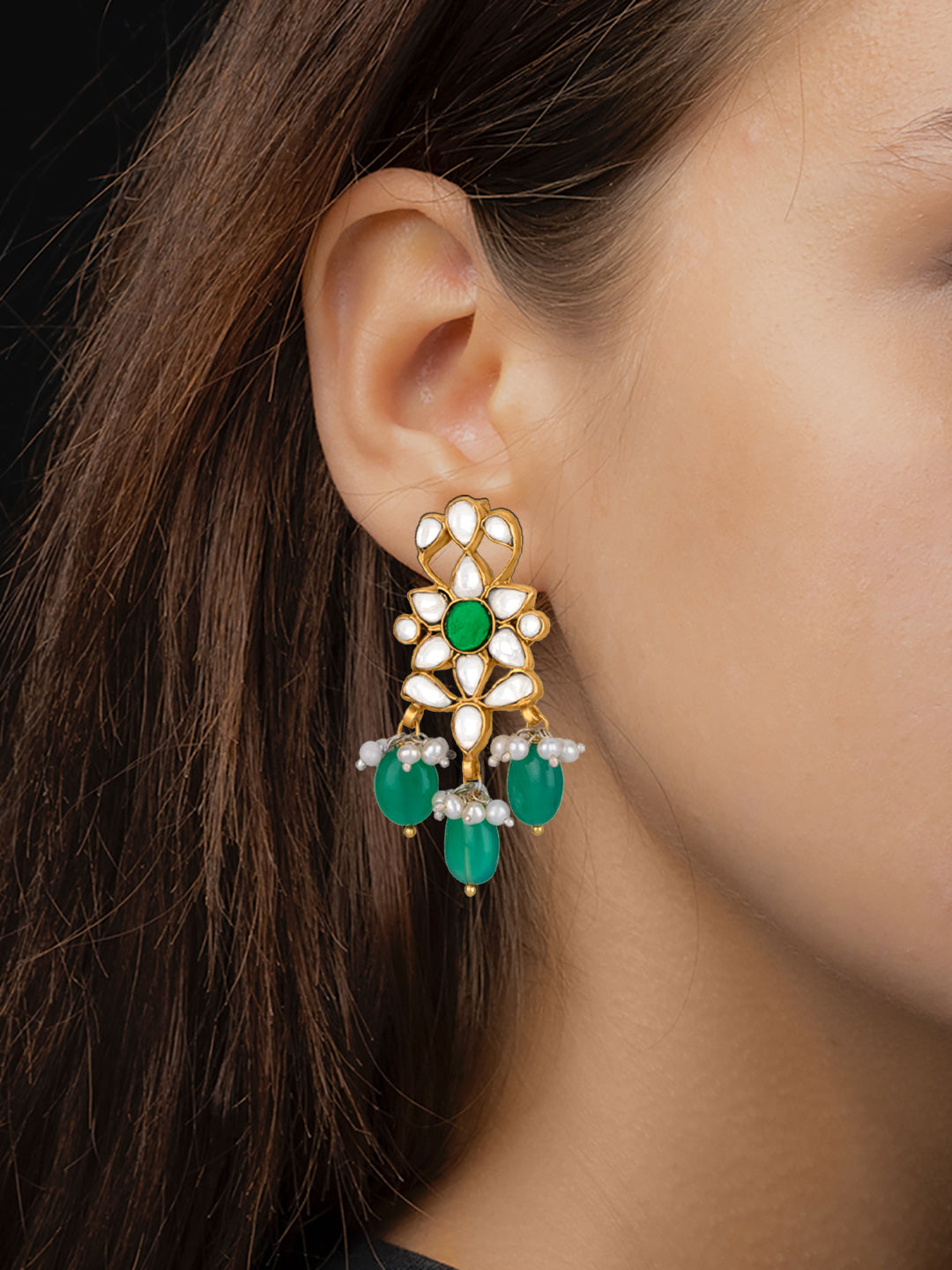 Gold Plated Drop Earrings with Kundan and Green Onyx view 3
