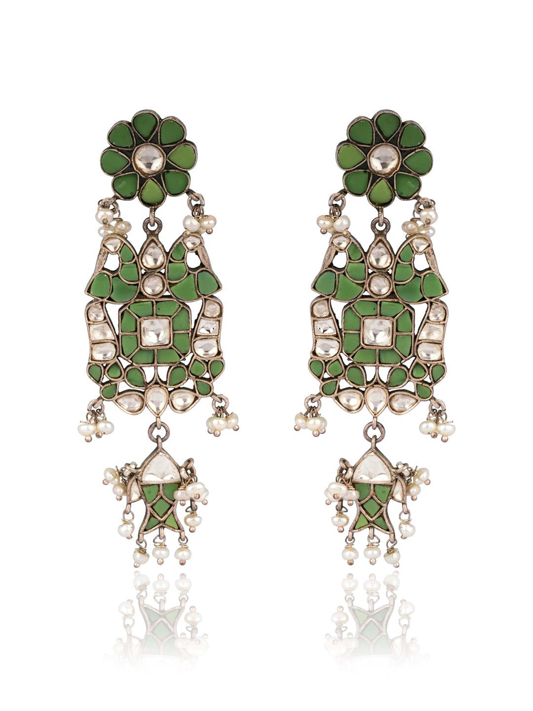 925 Sterling Silver Kundan Earrings with Fish Motif view 1
