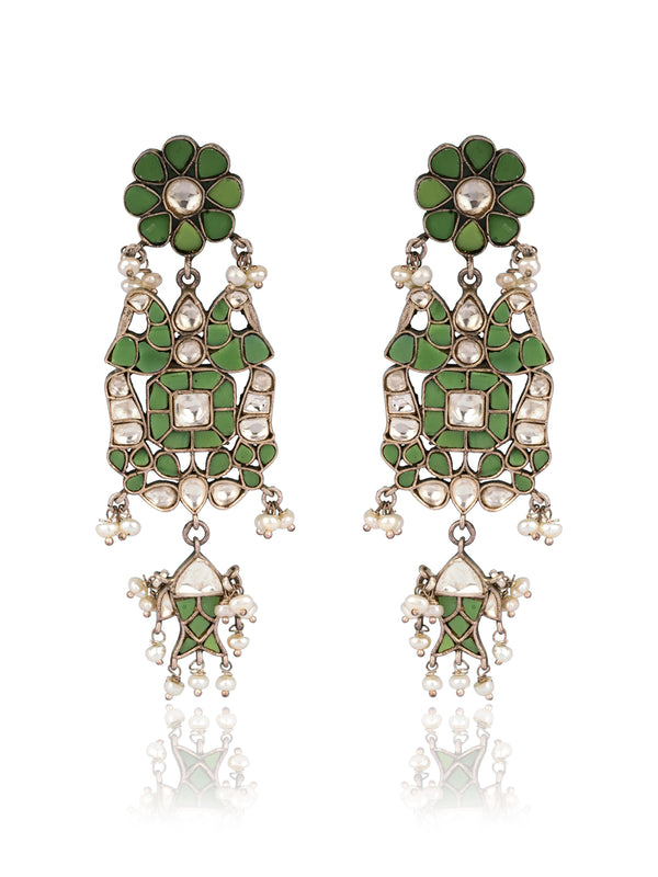 925 Sterling Silver Kundan Earrings with Fish Motif