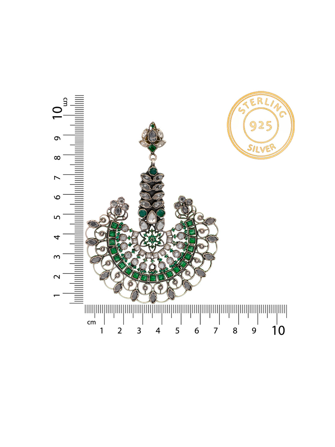 925 Sterling Silver Green and White Kundan Statement Earringss
