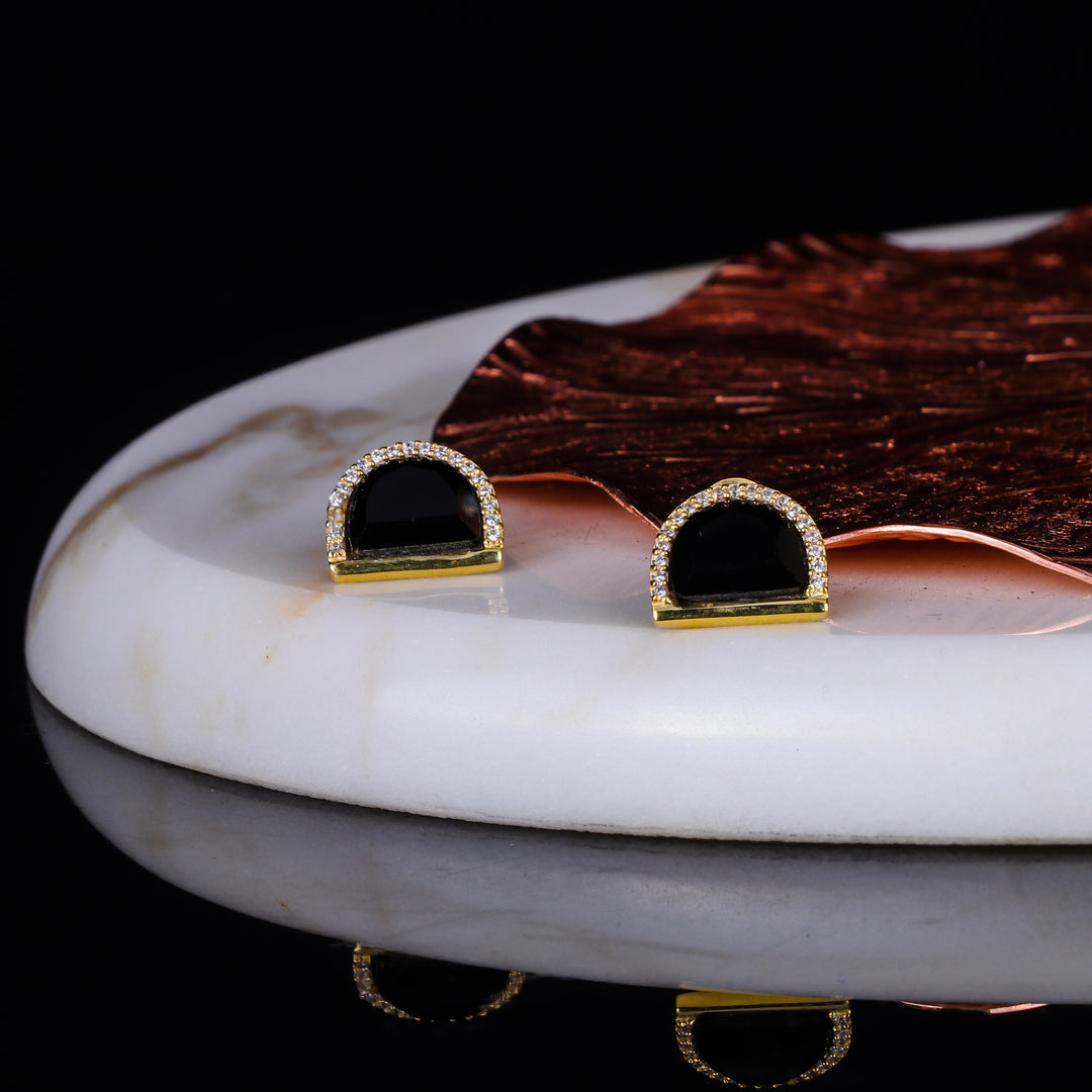 925 Silver Gold Plated Black Onyx Studs - Neeta Boochra Jewellery