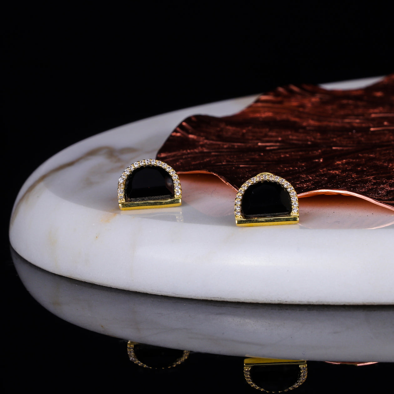 925 Silver Gold Plated Black Onyx Studs - Neeta Boochra Jewellery