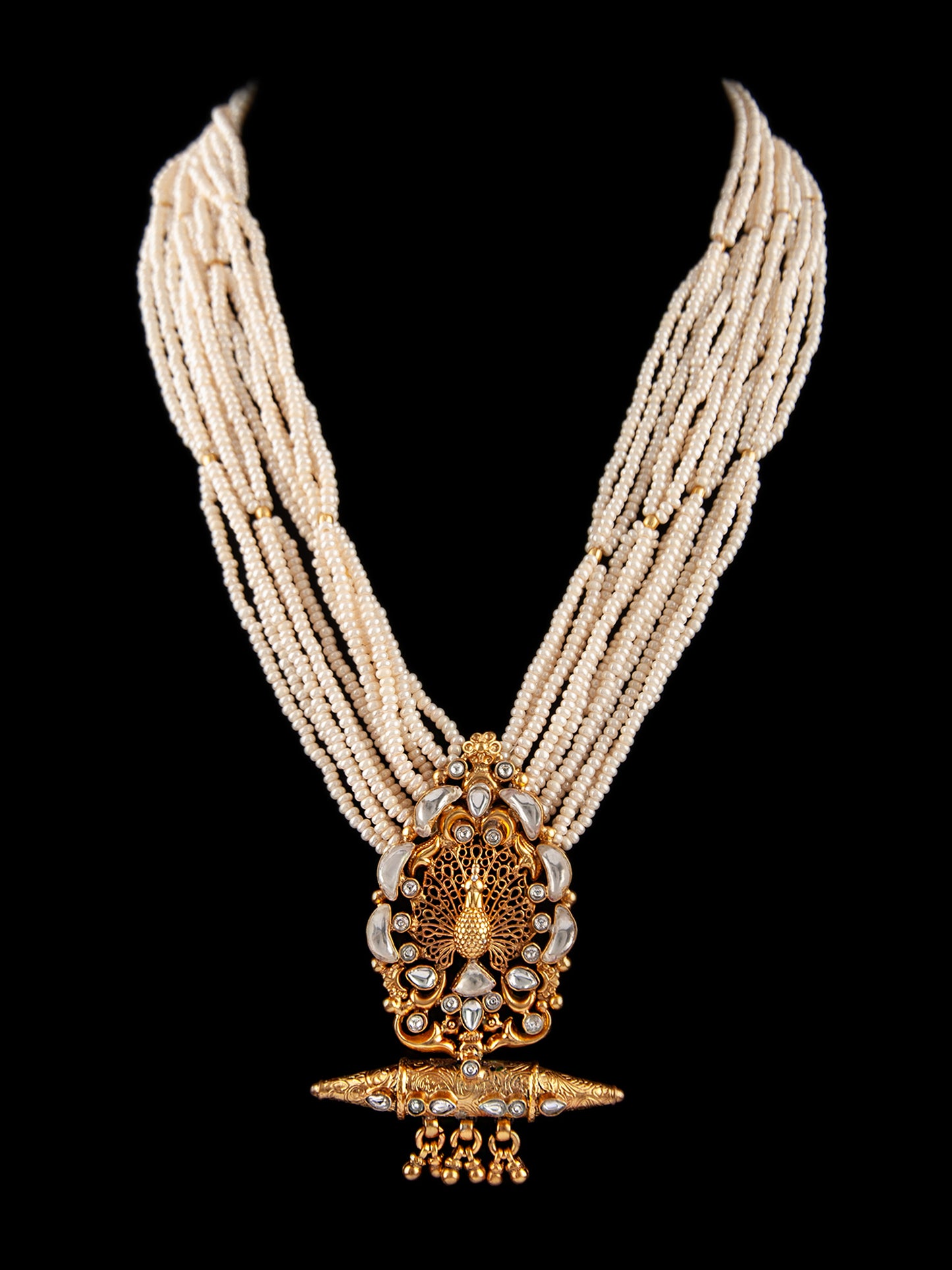 925 Sterling Silver 22K Gold Plated Pearl Beaded Peacock Design Statement Necklace With White Kundan