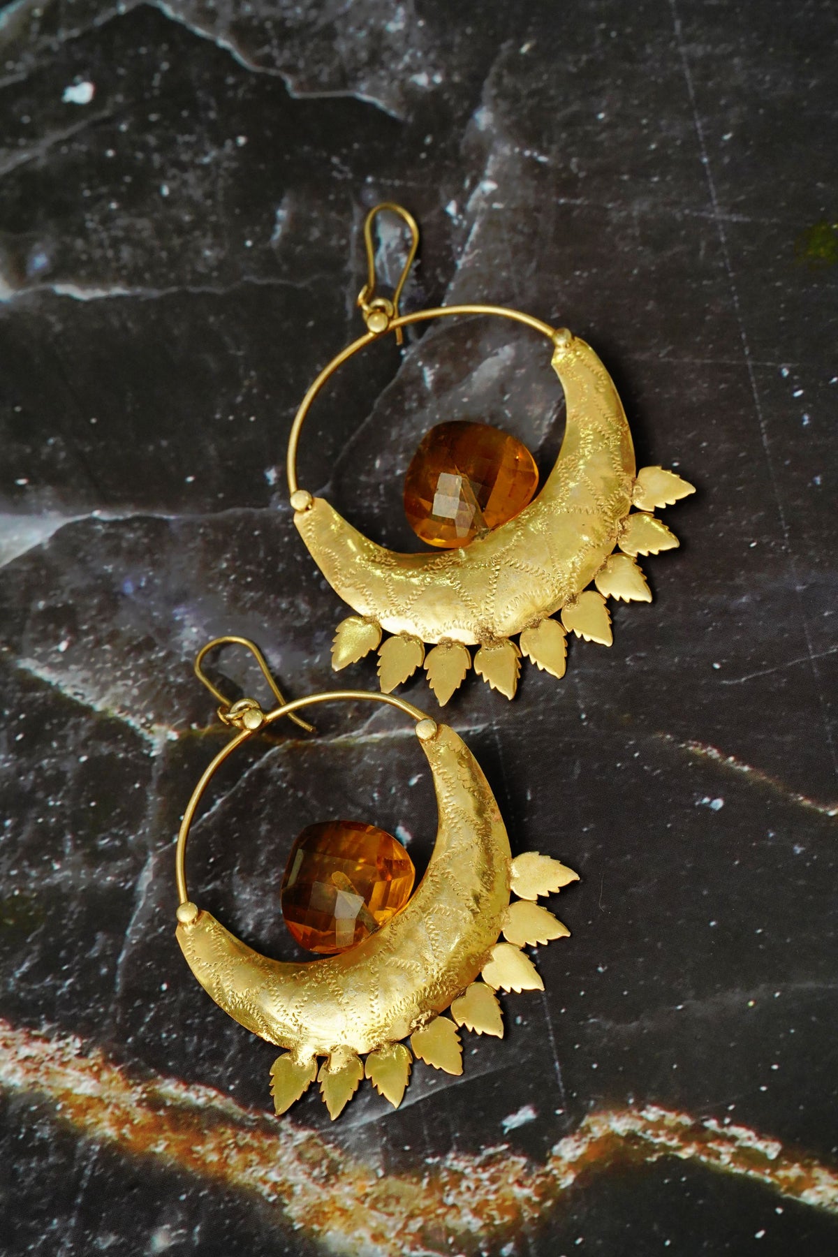Gold Half Moon Earring with Yellow Stone view 4