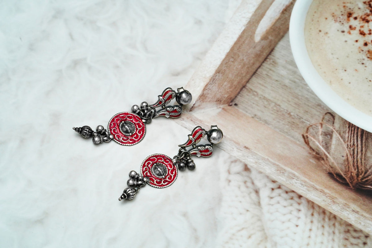 Red Meenakari Earring With Ghungroos view 4