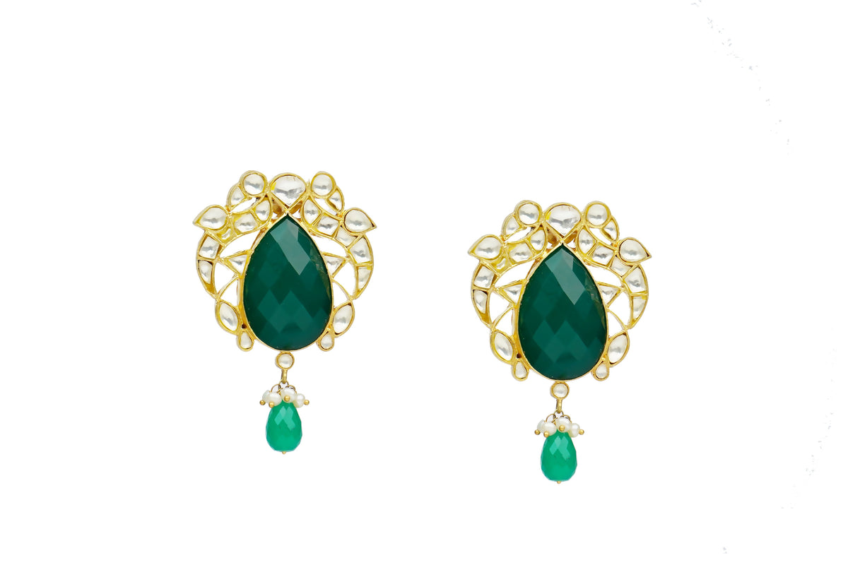 Silver Gold Plated Earrings with Green Stone and Kundan view 1