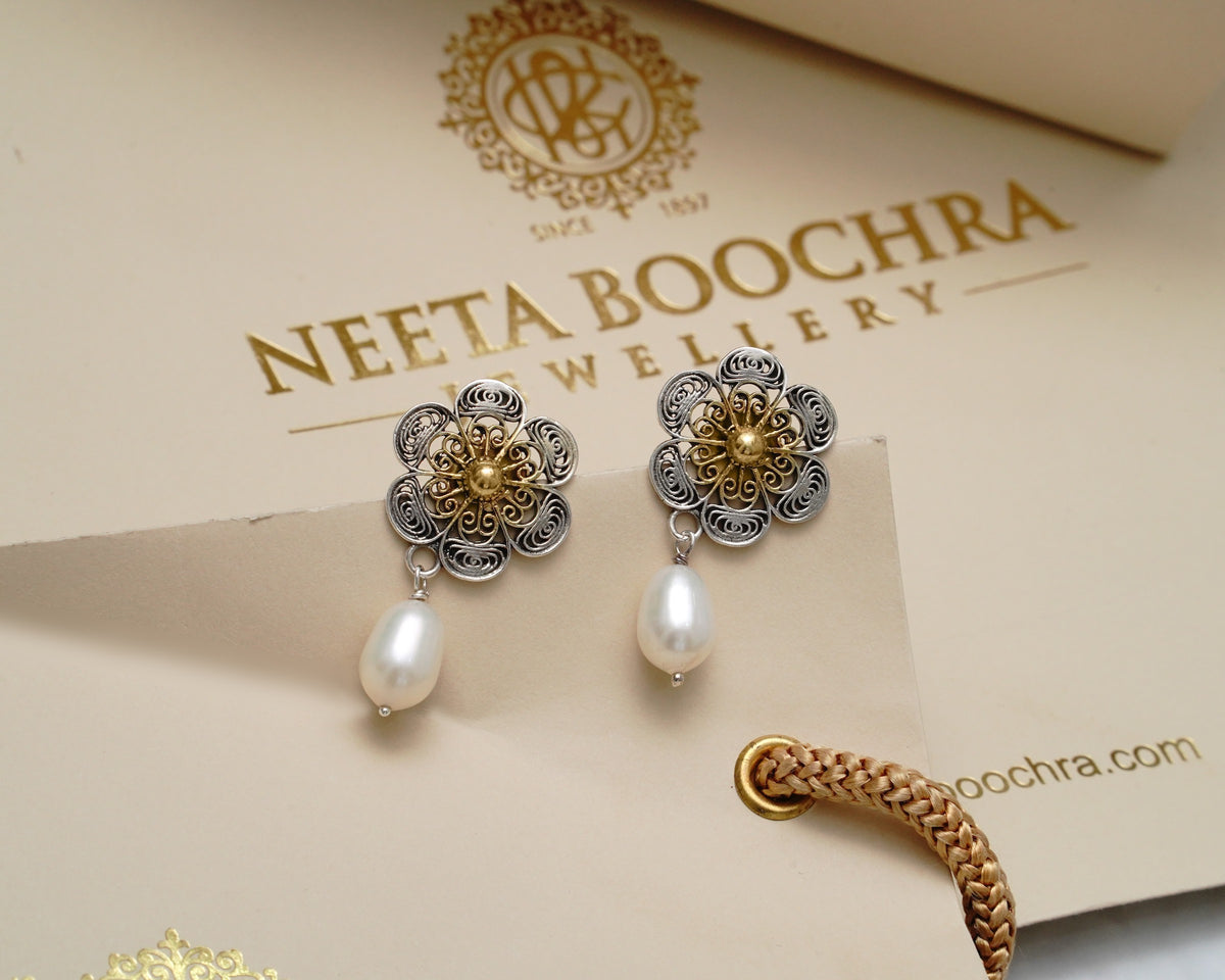 925 Silver Two Tone Earring with Pearl Drop view 1