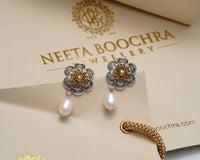 925 Silver Two Tone Earring with Pearl Drop view 1