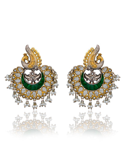 925 Sterling Silver Two Tone Twin Peacock Earrings