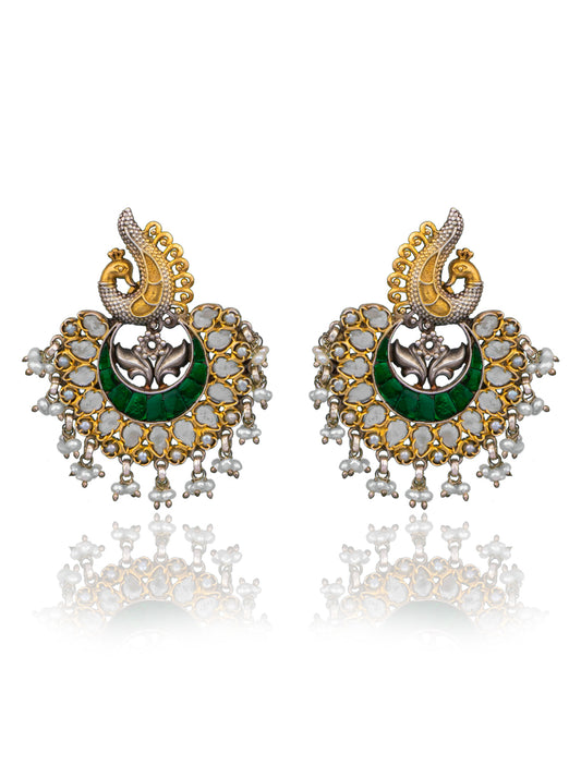 925 Sterling Silver Two Tone Twin Peacock Earrings