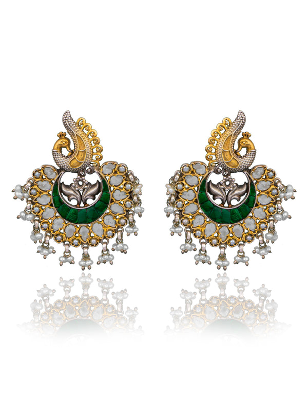 925 Sterling Silver Two Tone Twin Peacock Earrings