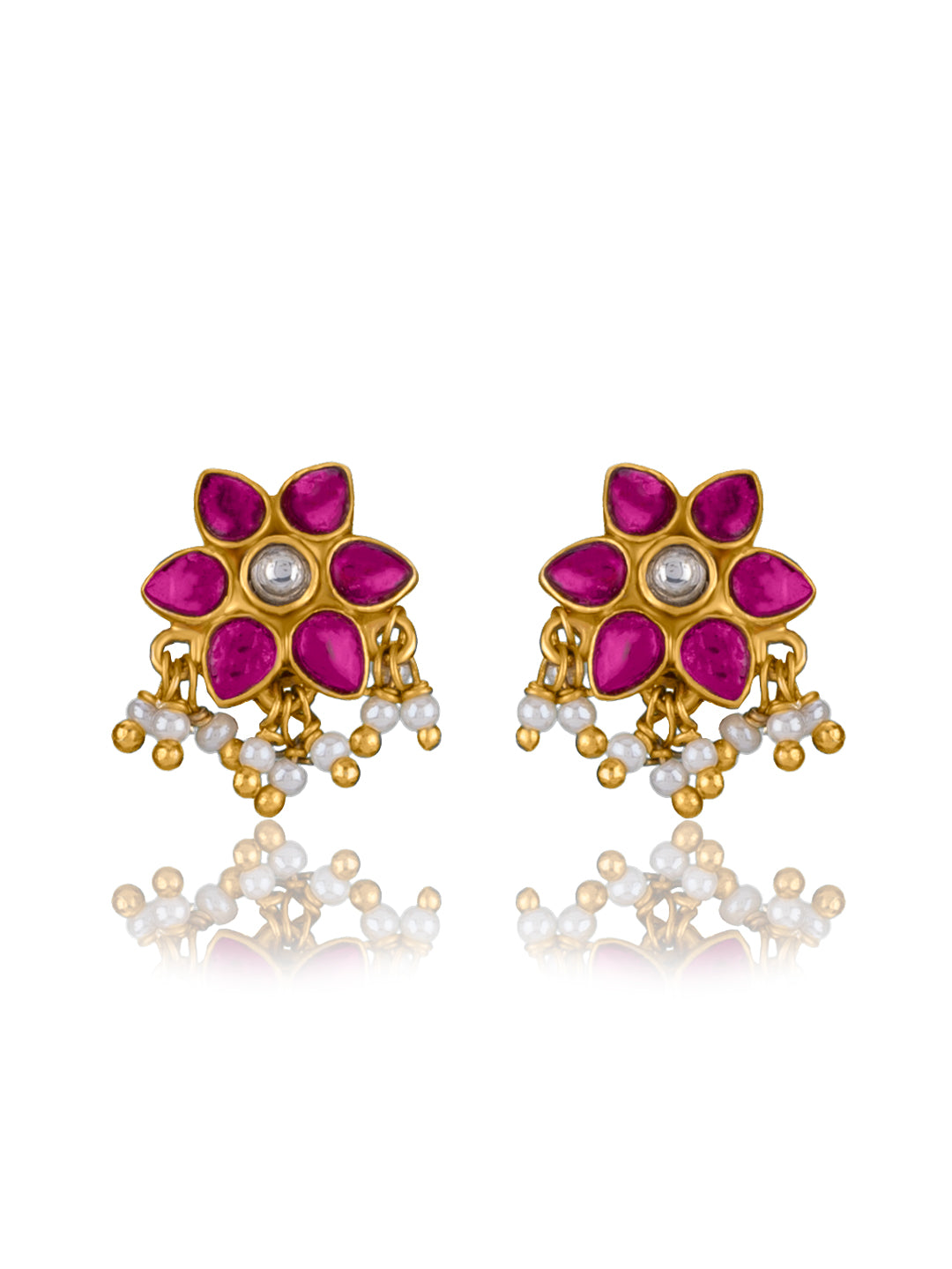 Small Floral Ruby Gold Plated Studs with Pearl view 1