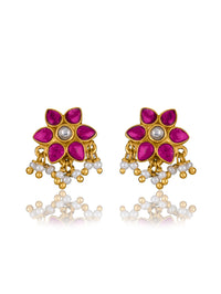 Small Floral Ruby Gold Plated Studs with Pearl view 1