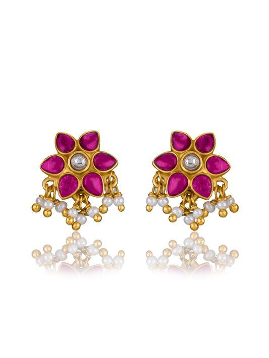 Small Floral Ruby Gold Plated Studs with Pearl