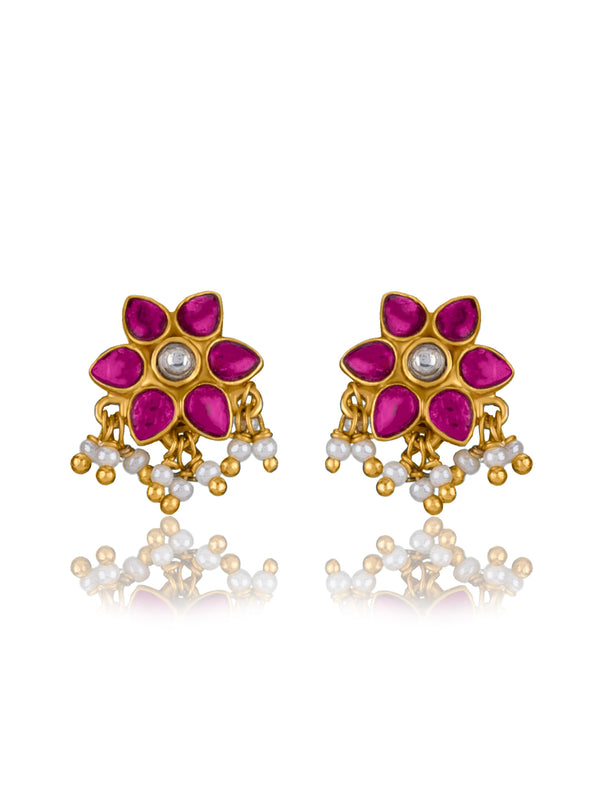 Small Floral Ruby Gold Plated Studs with Pearl