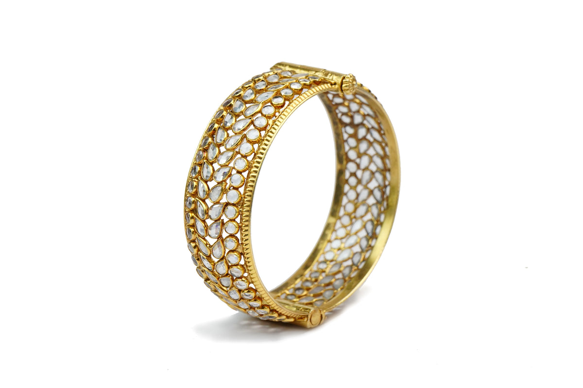 Silver Gold Plated Bangle with Checker Stones view 2