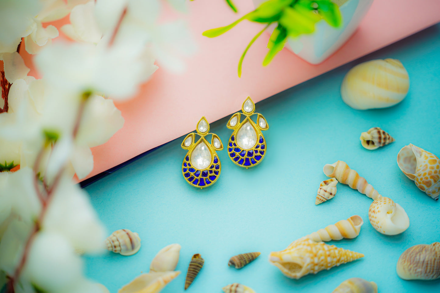 925 Silver Gold Plated Silver and Blue Kunan Studs - Neeta Boochra Jewellery