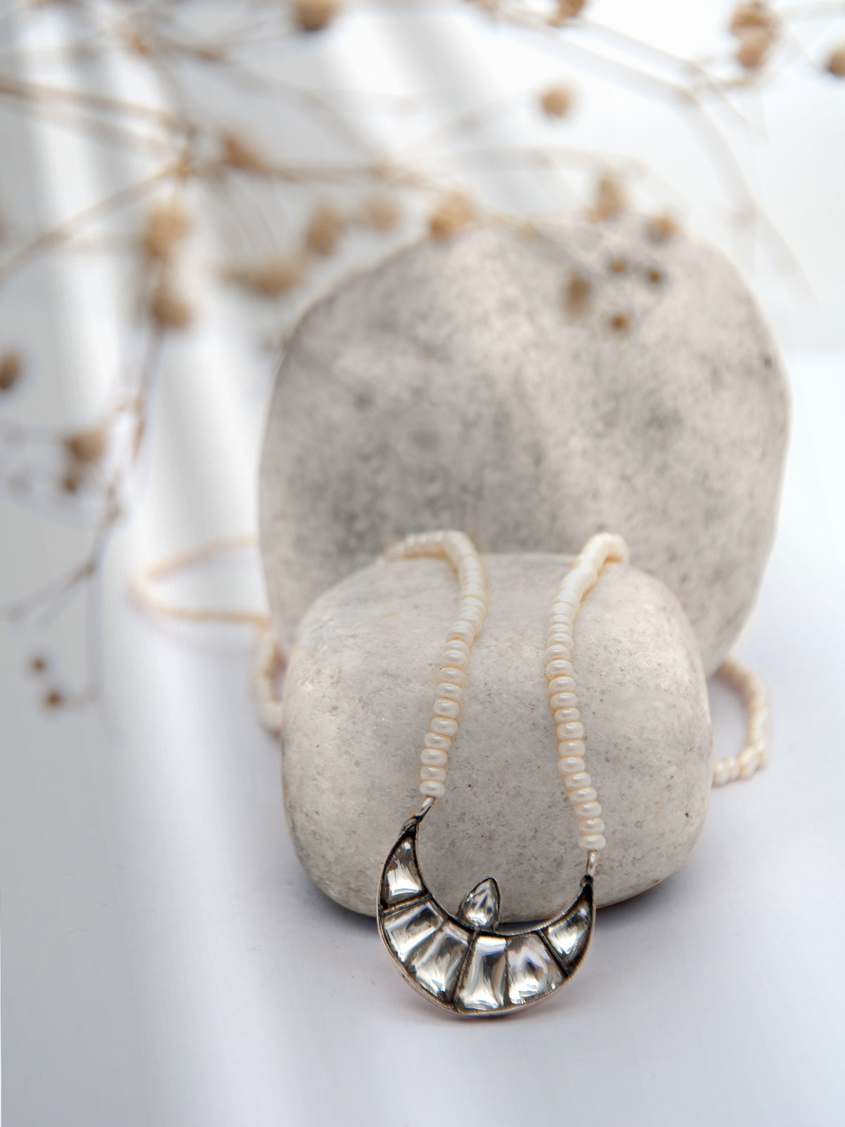 Silver Chaand Kundan Necklace with Pearl view 1