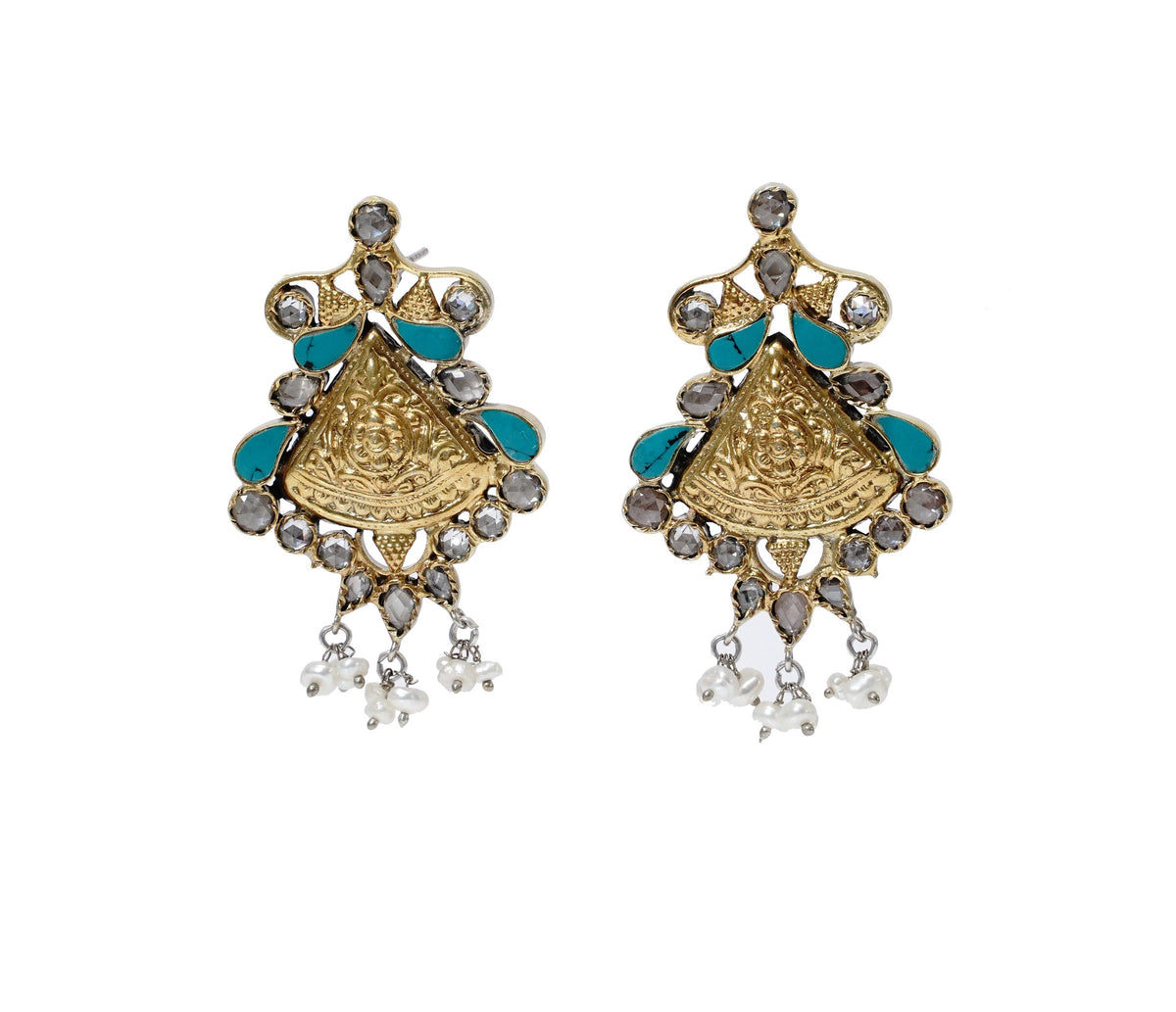 925 Silver Two Tone Earrings with Checker and Turquoise view 3