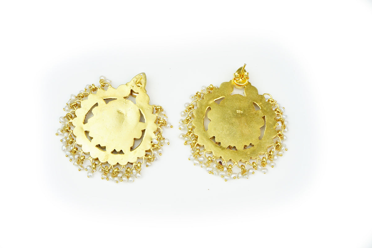 Silver Gold Plated Statement Chandbalis with Kundan and Pearls view 2