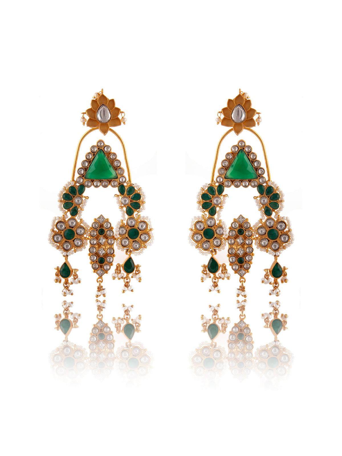 925 Sterling Silver 22K Gold Plated Green Onyx Danglers Earrings With Pearl And White Kundan view 3