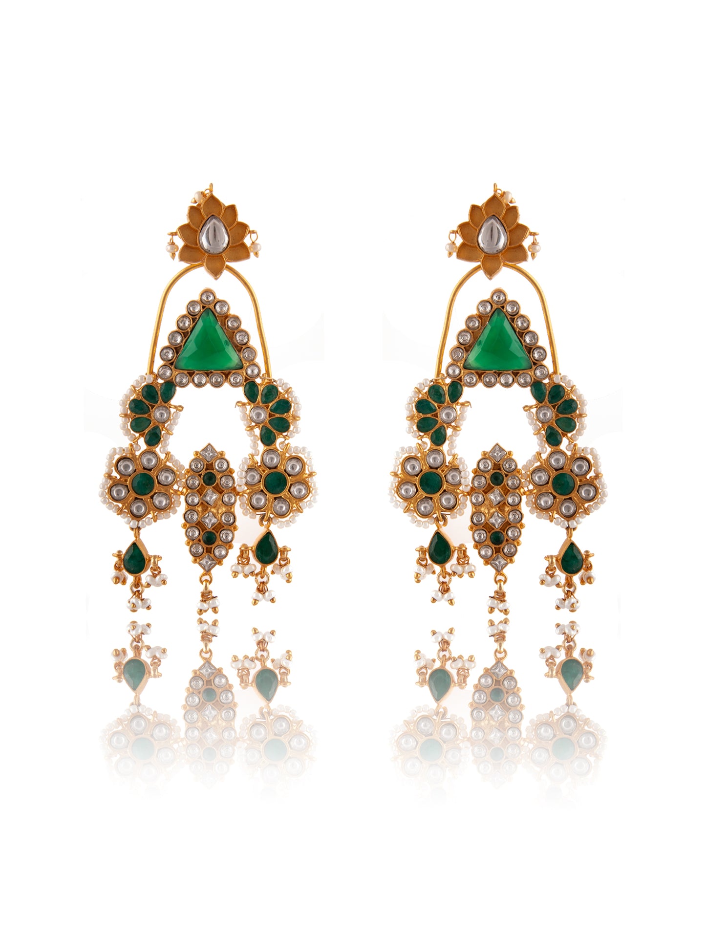 925 Sterling Silver 22K Gold Plated Green Onyx Danglers Earrings With Pearl And White Kundan