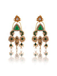 925 Sterling Silver 22K Gold Plated Green Onyx Danglers Earrings With Pearl And White Kundan view 3