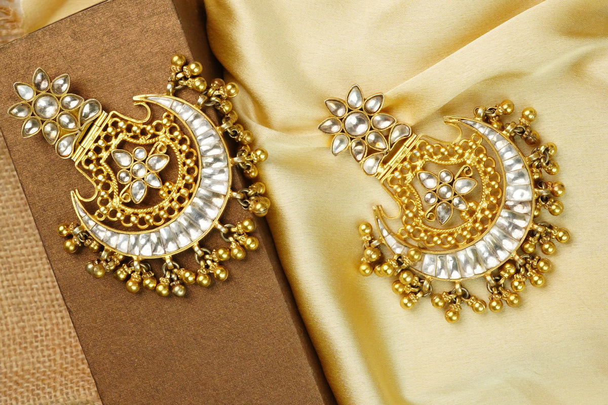 925 Silver Gold Plated White Kundan Chandbali with Ghungroos view 4