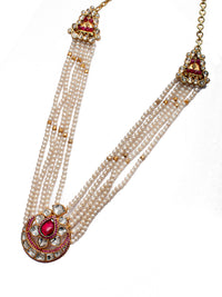 925 Sterling Silver 22K Gold Plated Pearl Beaded Chaandbali Necklace With White and Red Kundan view 3