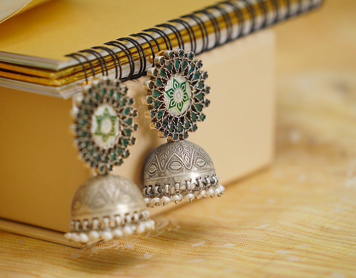 925 Silver Meenakari Jhumki Earrings with Natural Green Stones view 1